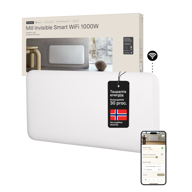 Plieninis panelinis &scaron;ildytuvas Mill Invisible su WIFI, 1000W, baltas