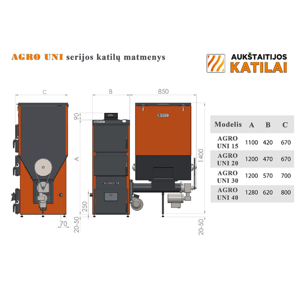 Granulinis katilas Agro UNI 30 kW, komplekte su 30 kW  Zenono  degikliu, 600 l bunkeriu