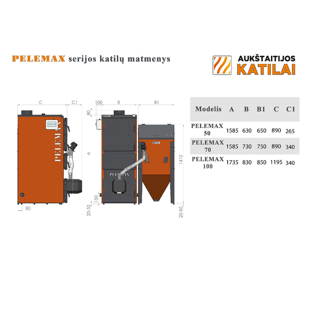 Granulinis katilas Pelemax 50 kW, komplekte su rotaciniu 50 kW degikliu, 700 l bunkeriu