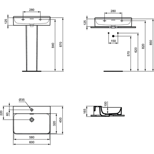 Praustuvas Ideal Standard Conca 600x450mm su anga mai&scaron;ytuvui, &scaron;lifuota apačia