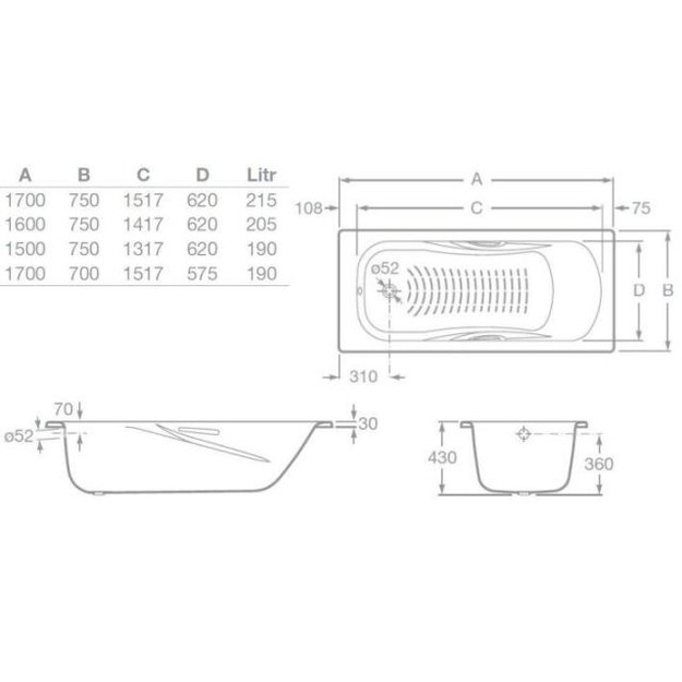 PRINCESS-N Plieninė vonia 170 &times; 70 cm su chrom. rank., (7.5268.0.431.0) antislip
