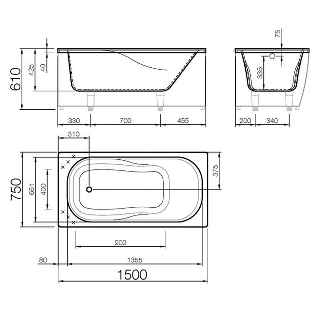 Akmens masės vonia Vispool Classica 1500&times;750&times;610 mm mm, be sifono, be uždangos, balta blizgi spalva
