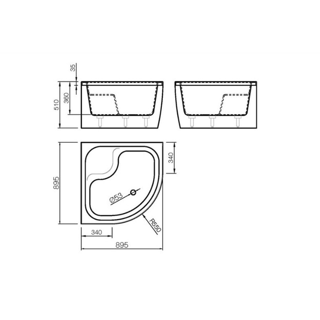 Akmens masės du&scaron;o padėklas RD-90  90x90 cm, pusapvalis, be persipylimo, gilus, H-51, R-550, baltas