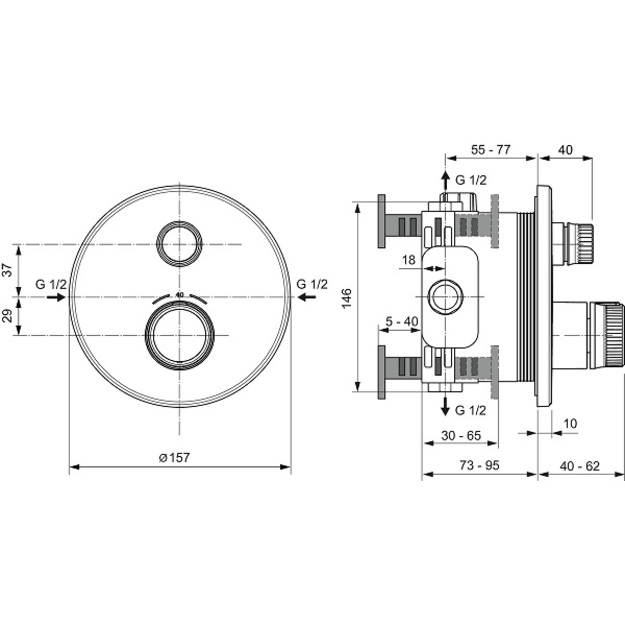 Ideal Standard Ceratherm Navigo potinkinė termostatinė sistema: apvali 300 mm metalinė galva, rankinis du&scaron;as, 1/2 alkūnė