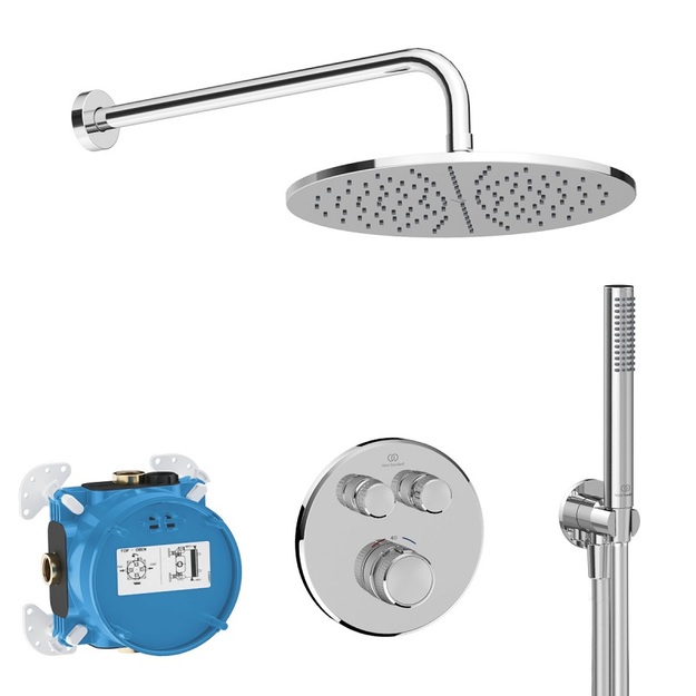 Ideal Standard Ceratherm Navigo potinkinė termostatinė sistema: apvali 300 mm metalinė galva, rankinis du&scaron;as, 1/2 alkūnė