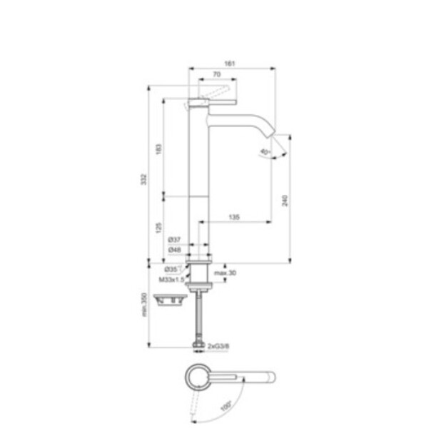 Ideal Standard CERALINE Nuovo H240 mai&scaron;ytuvas praustuvui be dugno vožtuvo, BlueStart, 3,8 l/min, chromas