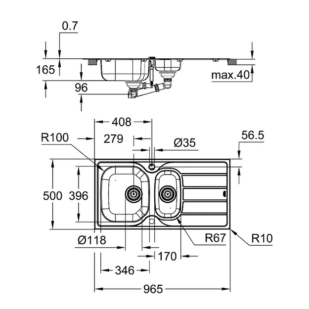 Grohe nerūdijančio plieno plautuvė K200, 96,5 x 50 cm, su nuvarvinimo dubeniu