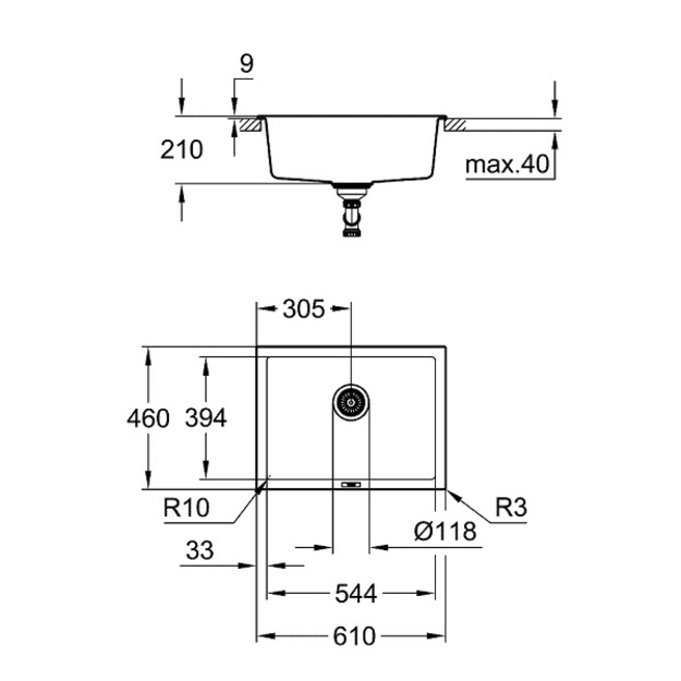 Grohe plautuvė K700U, montuojama i&scaron; apačios, 610x460mm, granito juodos spalvos