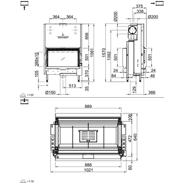 Plieninis židinio ugniakuras Spartherm Premium V-FD-87h, dviem fasadais
