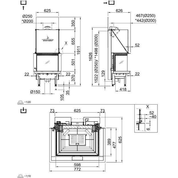 Plieninis židinio ugniakuras Spartherm Premium A-3RL-60h, &oslash; 200 mm, trimis stiklais