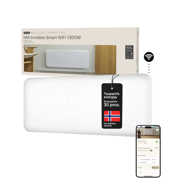 Plieninis panelinis &scaron;ildytuvas Mill Invisible su WIFI, 1300W, baltas