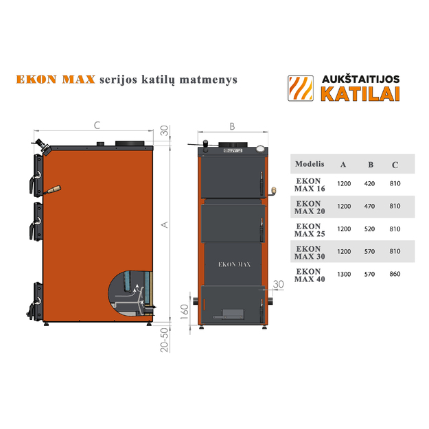 Kieto kuro katilas EKON-MAX, apatinio degimo, 16kW