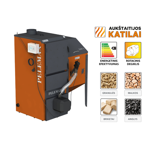 Granulinis katilas Pelemax 50 kW, komplekte su rotaciniu 36 kW degikliu, 700 l bunkeriu