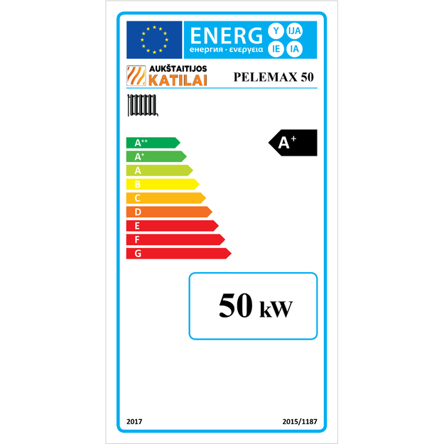 Granulinis katilas Pelemax 50 kW, komplekte su rotaciniu 36 kW degikliu, 700 l bunkeriu