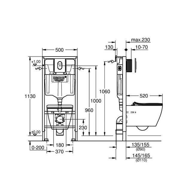 Rėmo su WC komplektas GROHE Solido 4 in 1 Serel SP26 keramikiniu WC, chrom. mygtukas, soft close dangtis, tvirtinimo kom