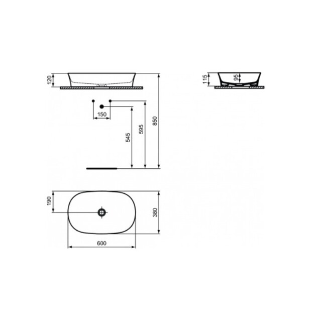 Ideal Standard Ipalyss praustuvas montuojamas ant stalvir&scaron;io 60 cm (600 x 380 x 120) mm, be persipilimo,  Free flow  ker