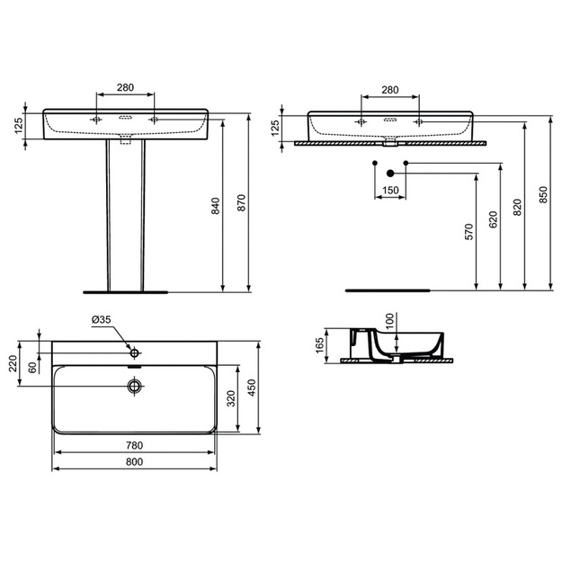 Praustuvas Ideal Standard Conca 800x450 mm su anga mai&scaron;ytuvui, &scaron;lifuota apačia