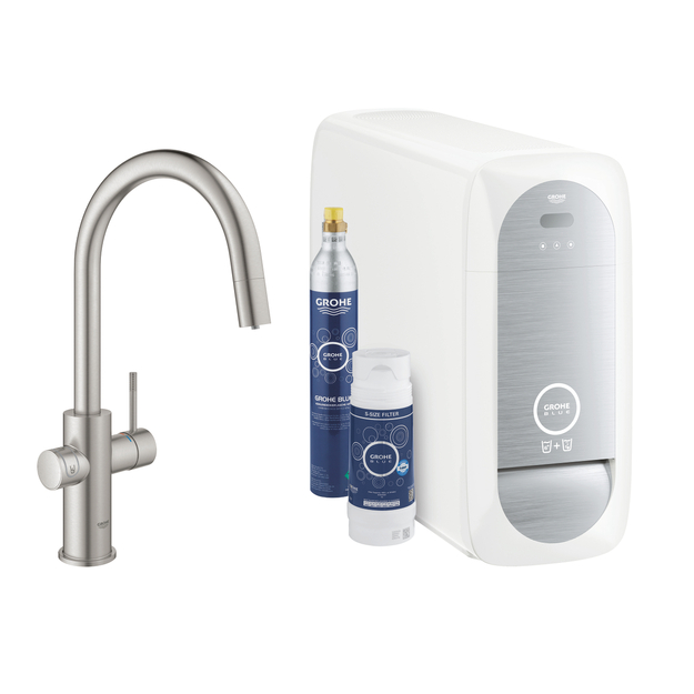 GROHE Blue Home OHM plautuvės mai&scaron;ytuvas su i&scaron;traukiamu C-snapu, supersteel spalva