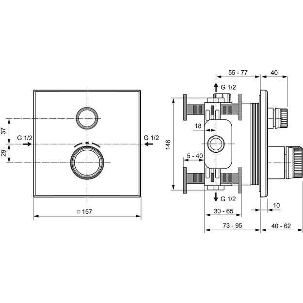 Ideal Standard Ceratherm Navigo potinkinė termostatinė sistema: 300x300 mm metalinė galva, rankinis du&scaron;as, 1/2 alkūnė