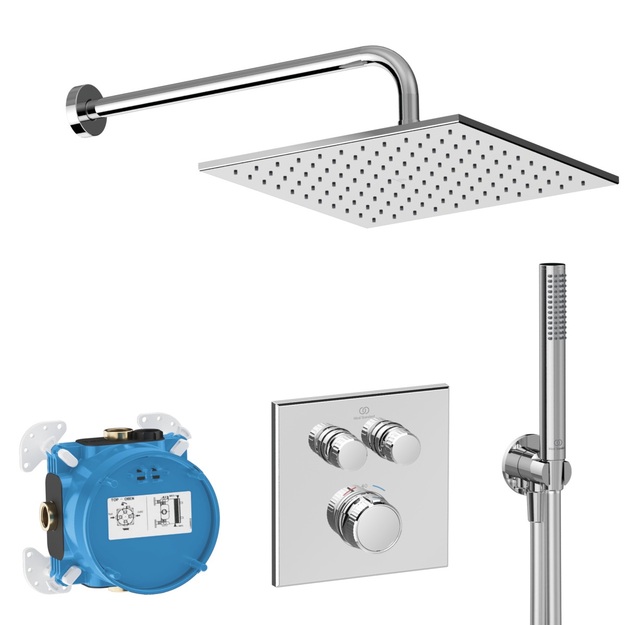 Ideal Standard Ceratherm Navigo potinkinė termostatinė sistema: 300x300 mm metalinė galva, rankinis du&scaron;as, 1/2 alkūnė
