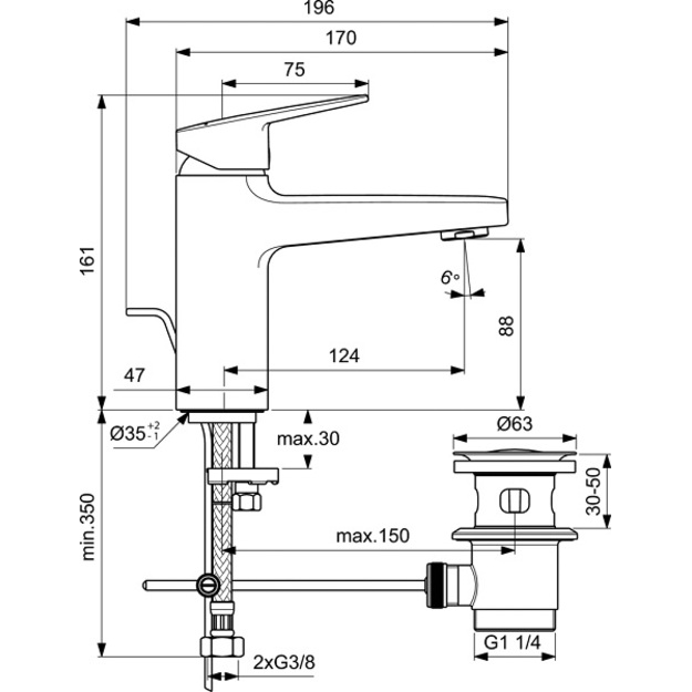 Ideal Standard Ceraplan H90 paauk&scaron;tintas praustuvo mai&scaron;ytuvas su metaliniu dugno vožtuvu, chromas