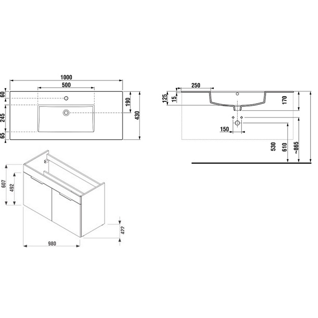 CUBE Spintelė, 2 durelės, su praustuvu 1000x430, balta