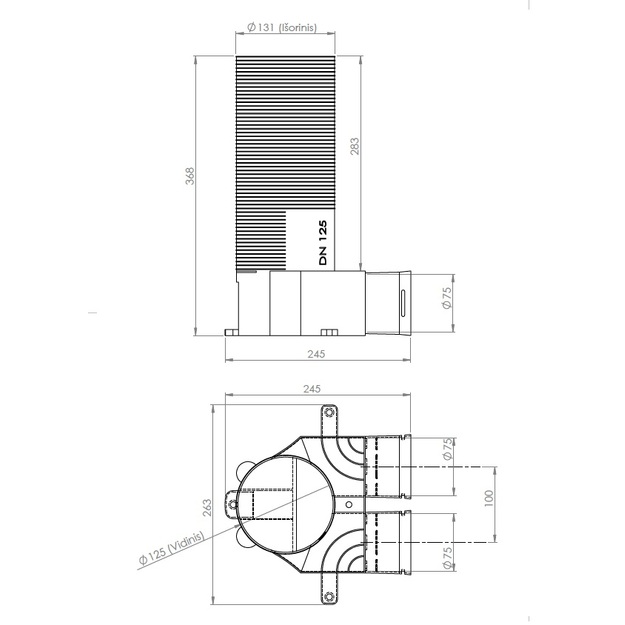 Antistatinė registro dežutė DN125-2x75 plastikinė,  juodos spalvos