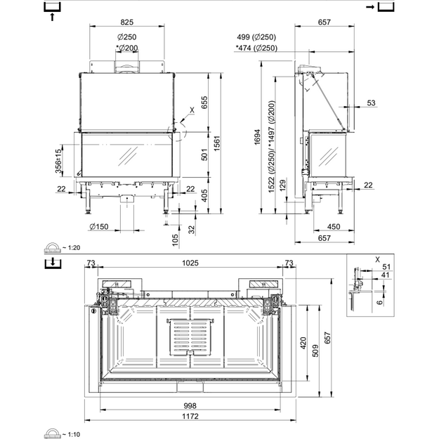 Plieninis židinio ugniakuras Spartherm Premium A-3RL-100h, &oslash; 200 mm, trimis stiklais, juodi &scaron;amotai