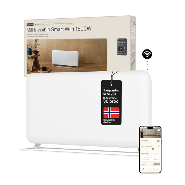 Plieninis panelinis &scaron;ildytuvas Mill Invisible su WIFI, 1500W, baltas