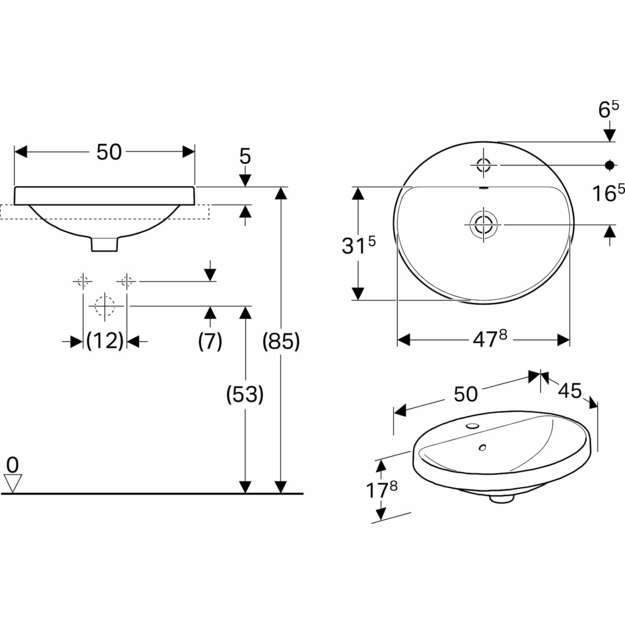 Praustuvas įleidžiamas VariForm 50 cm, ovalus, baltas