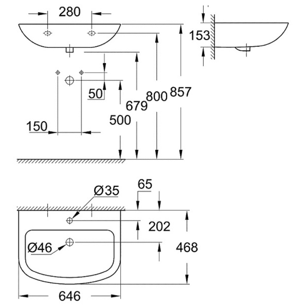 Grohe praustuvas BAU Ceramic 65cm su skyle mai&scaron;ytuvui, baltas