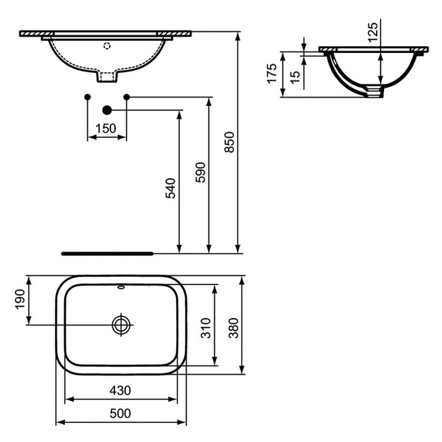 Praustuvas Ideal Standard Connect montuojamas stalvir&scaron;yje i&scaron; apačios 50 cm (500 x 380 x 175), balta