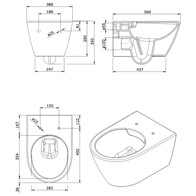 Pakabinamas unitazas SANLIFE Rimflush be nuplovimo lanko (380x560x352mm), baltas