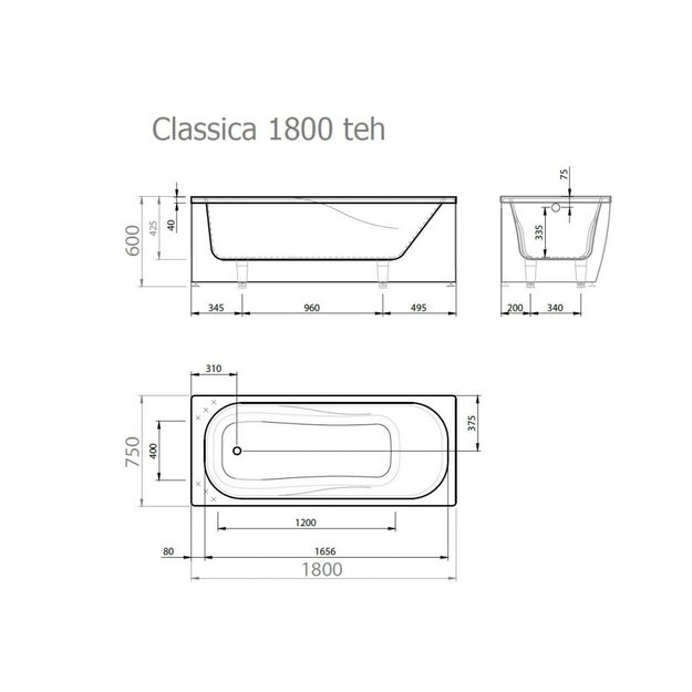 Akmens masės vonia Classica 1800&times;750&times;600 mm mm,be sifono, be apdailos, balta blizgi spalva