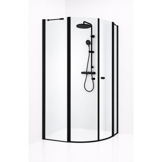 Standartinė, pusapvalė du&scaron;o kabina SONATA 875-888x875-888x1900 mm, skaidrus st.., profilis RAL9005 juoda matinė sp