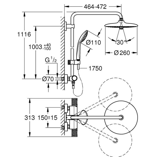 Termostatinė du&scaron;o sistema Euphoria 260 (stac. galva &Oslash;260, alkūnė 450 mm, 3`jų srovių rankinis du&scaron;as 110), chromas