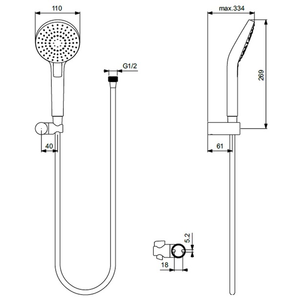 Du&scaron;o komplektas Idealrain Evo Round 3 funkcijų rankinis du&scaron;as 110mm, sieninis laikiklis, 1,75cm IdealFlex žarna, chromas
