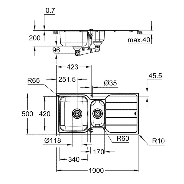 Grohe nerūdijančio plieno plautuvė K500, dubuo 34 x 42 cm, su nuvarvinimo indu