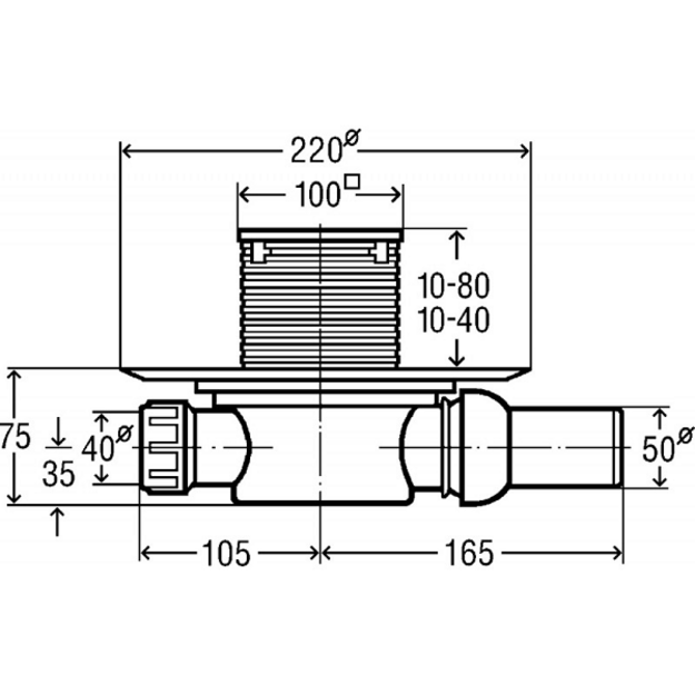 Horizontalus trapas,  sausas  DN50, su nerūdijančio plieno grotelėmis 100 x 100, (0,4 l/s)