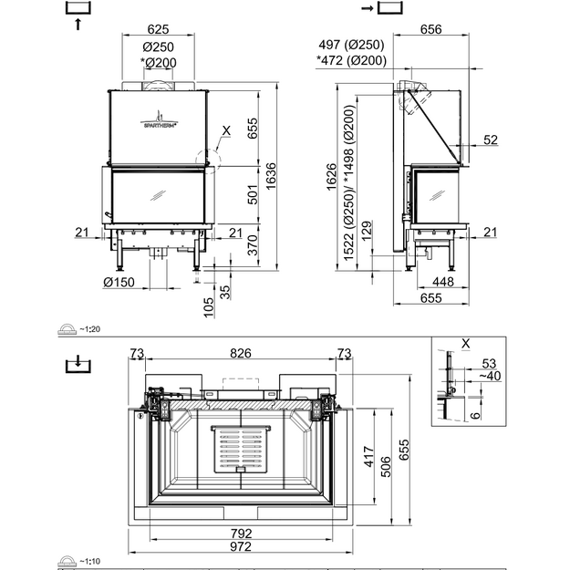 Plieninis židinio ugniakuras Spartherm Premium A-3RL-80h, &oslash; 200 mm, trimis stiklais