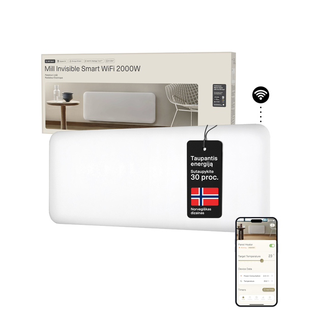 Plieninis panelinis &scaron;ildytuvas Mill Invisible su WIFI, 2000W, baltas
