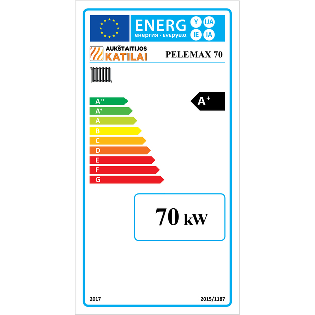 Granulinis katilas Pelemax 70 kW, komplekte su rotaciniu 50 kW degikliu, 500 l bunkeriu