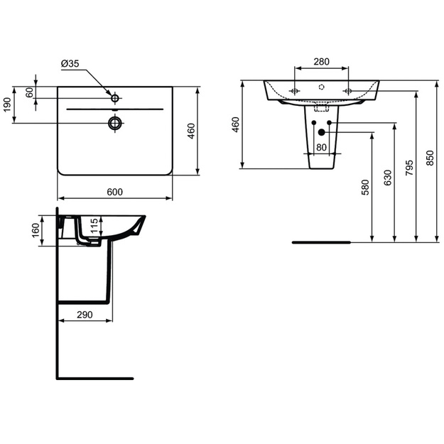 Praustuvas Connect Air Cube, tvirtinamas prie sienos, 60x46x16 cm, baltas
