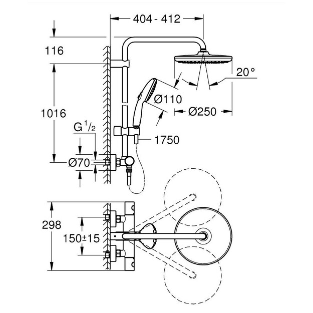 Termostatinė du&scaron;o sistema Grohe Tempesta System 250 (galva &Oslash;250, 2`jų srovių rankinis du&scaron;as, 8 l/min), juoda matinė