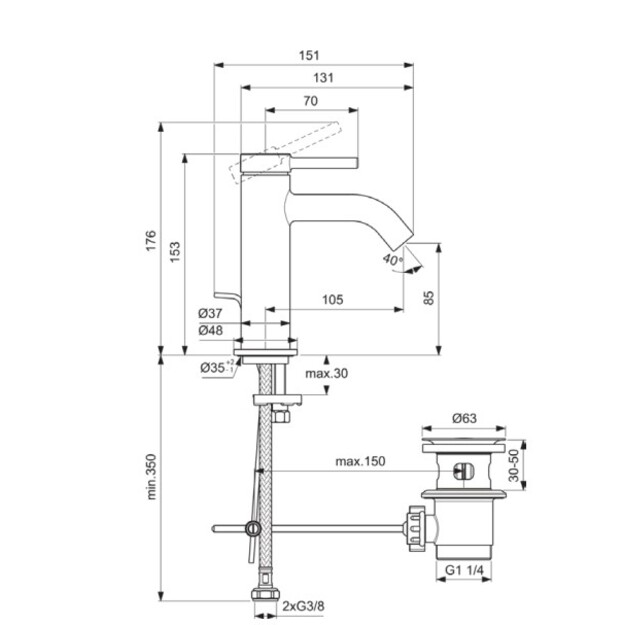Ideal Standard CERALINE Nuovo H85 mai&scaron;ytuvas praustuvui su metaliniu dugno vožtuvu, 3,8 l/min, matinė juoda