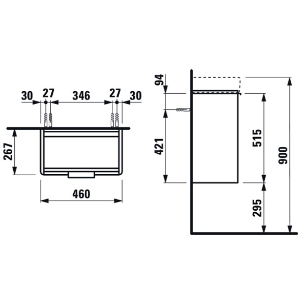 Praustuvo spintelė PRO S 470x265x530mm su durų vyriais de&scaron;inėje, praustuvui 8.1595.4, balta matinė