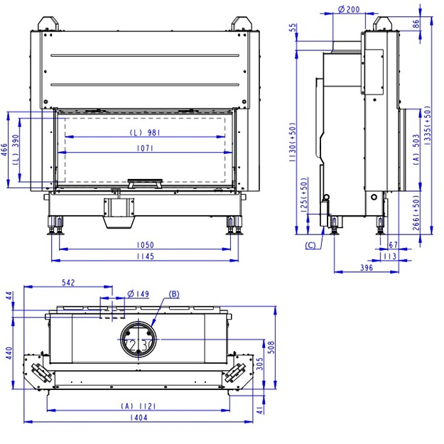 Plieninis židinio ugniakuras Romotop KV HEAT H3LG04 110.50.04 IGN su pak. 50x110 cm