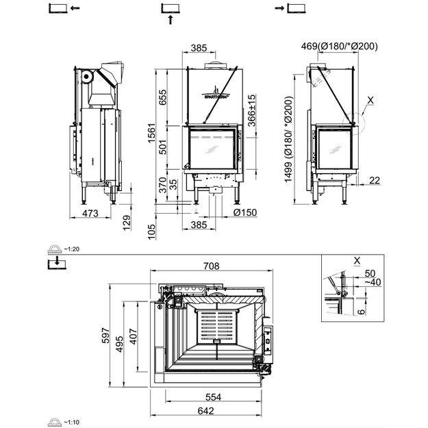 Plieninis židinio ugniakuras Spartherm Premium V-2L-55h, su kampiniu stiklu kairėje, juodi &scaron;amotai
