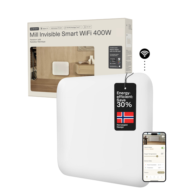 Plieninis panelinis &scaron;ildytuvas Mill Invisible su WIFI, 400W, baltas