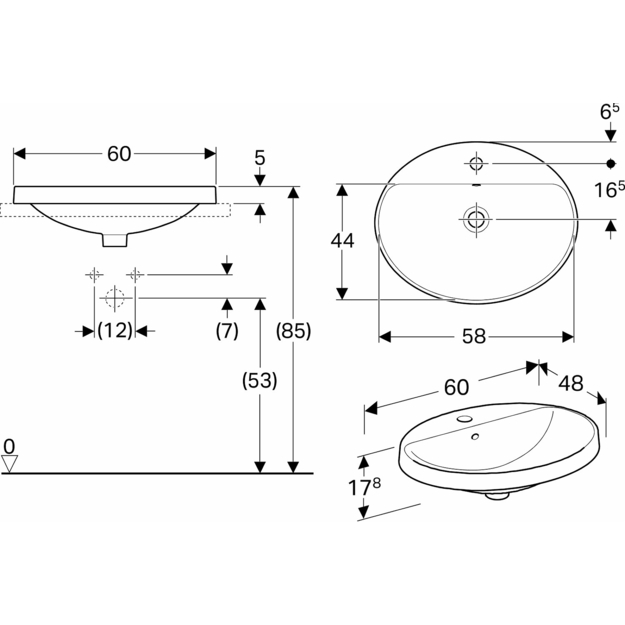 Praustuvas įleidžiamas VariForm 60 cm, ovalus, baltas